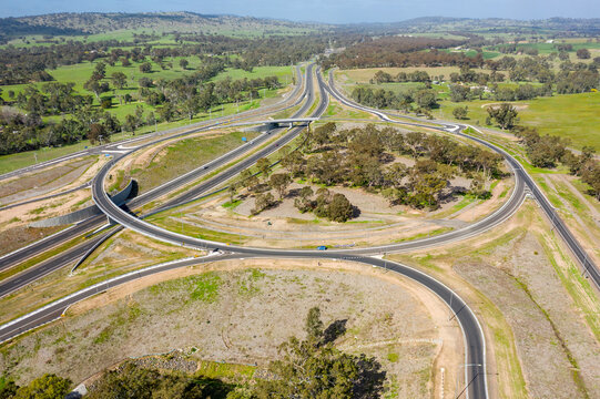 Aerial view of a large roundabout on a freeway