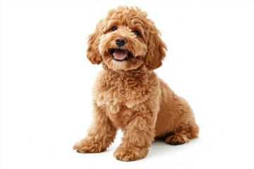 Adorable golden doodle dog sitting isolated on white background pet photography studio environment