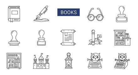Line art icons of books and writing tools.