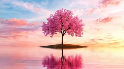 Serene Pink Blossom Tree on a Calm Lake at Sunset Peaceful Nature Scene Tranquil Water Reflection