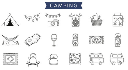 Camping essentials:  line art icons.