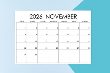 November calendar card for 2026 year on blue background.