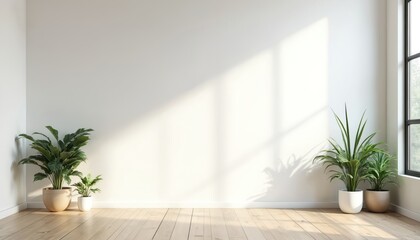 Empty minimalist room with wooden floor. White walls, green plants, window, shadows. Scandinavian style interior design. Modern apartment. Clean, bright space, natural light, cozy home.