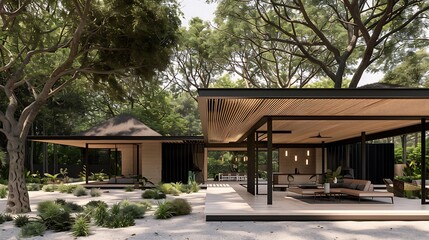 Fototapeta premium Luxurious Modern Home Surrounded By Trees And Beautiful Landscaping Design