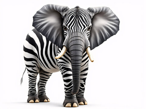 Surreal image of an elephant with zebra stripes on a white background.