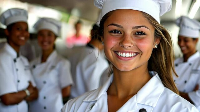 Smiling chef student in uniform surrounded by colleagues