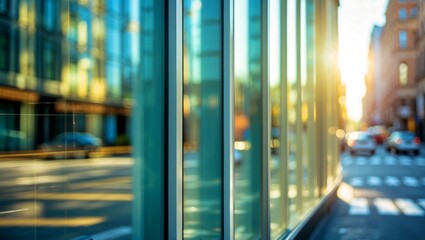 Sunlit reflections on a modern glass facade