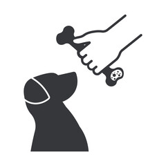 Isolated illustration of a hand holding a bone near a dog, dog feeding, per care