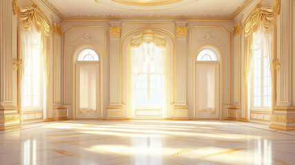 Fototapeta premium Palace interiors background with french window. Castle banquel hall, ballroom with space and furniture furnishing. Neoclassical baroque architecture design style. Grand ballroom home interior 