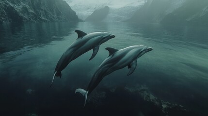 Obraz premium Majestic dolphins leap in a fjord