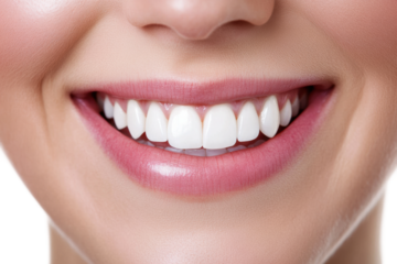 Close-up of a smiling young caucasian female showing white teeth, cut out