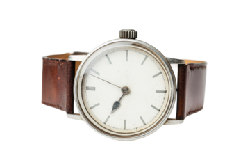 Vintage analog wristwatch with brown leather strap and classic design, cut out