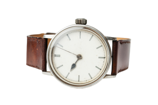 Vintage analog wristwatch with brown leather strap and classic design, cut out