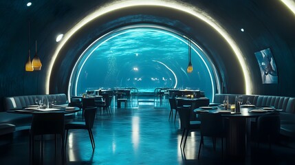 Hidden underwater restaurant interior, surrounded by a full glass dome with 360-degree ocean views