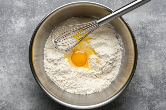 Bowl of flour and eggs with a yolk and a metal whisk. Bakery process.