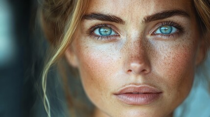 Detailed close up portrait of a woman displaying subtle under eye swelling and natural facial features