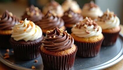 Delicious cupcakes with gourmet toppings. Chocolate ganache, whipped cream frosting, candied nuts decorate cupcakes. Sweet dessert for party, birthday celebration. Perfect for cafe, bakery menu