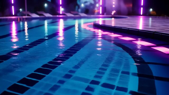 Serene night pool scene with vibrant neon lights reflecting on the water surface