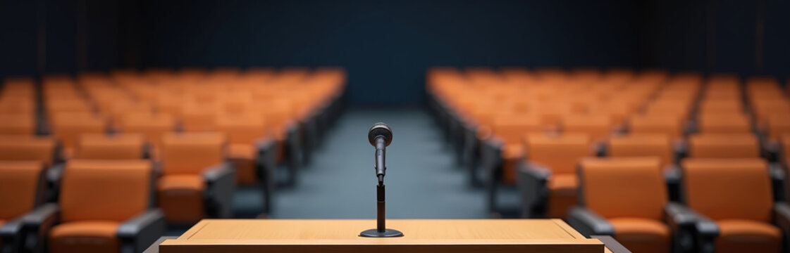 Empty conference hall ready for business presentation. Microphone on podium. Rows of orange seats, blurred background. Annual general meeting corporate event concept. Conference room. Presentation,