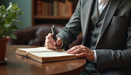 Businessman writes in leather book. Man wears elegant suit jacket. Makes notes, writes down schedule. Stylish gent planning appointment, focused at work, indoor office. Details, texture, classic,