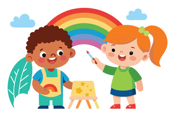 Happy Cartoon Kids with Rainbow Painting on Easel Against White Background