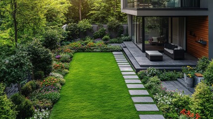 Naklejka premium Lush garden with vibrant flowers and a modern home, showcasing serene outdoor living space