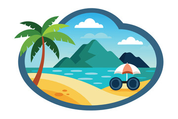 Scenic Beach View in with Palm Tree, Mountains, Sea, Clouds and Sunshade