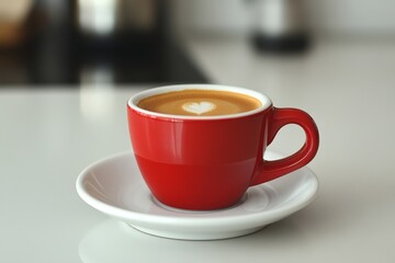 Obraz premium Elegant red cup of cappuccino with heart latte art on a white saucer in a modern kitchen setting