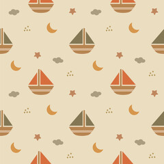 Sailboat orange and green cartoon so cute. On moon stars cloud background. Pattern seamless vector illustration. 