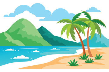 Obraz premium Serene Tropical Beach With Palm Trees, Green Mountains and White Clouds Art