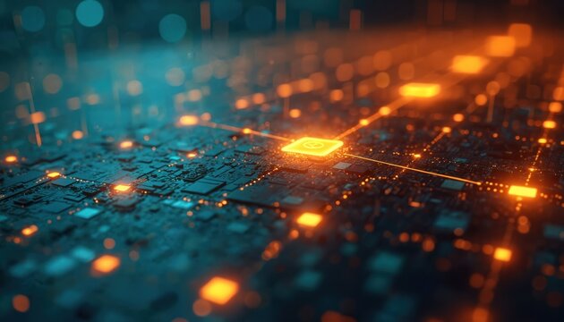 Abstract tech image. Illuminated circuit board, network structure, data transfer, online connectivity. Represents digital world, global communication, information technology, internet, social media,