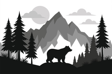 Silhouette Bear Forest Mountain Landscape Illustration, Trees and Clouds
