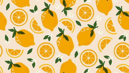 Abstract lemon pattern. Seamless print of lemons citrus fruits with leaves branches and flowers, botanical lemonson repeated background for wrapping paper fabric wallpaper. Vector texture
