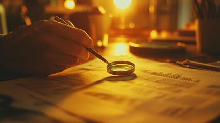A person in a suit is seen closely examining financial documents with graphs and charts