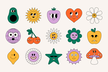 Retro groovy stickers. Funky 70s cartoon sticker elements, Y2K positive decorative objects with hippie vibe, trippy daisy flower heart boho icons. Vector set
