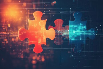 Obraz premium Digital representation of API integration using puzzle pieces, illustrating software connectivity, modern technology workflow, and seamless system connection. AI generated illustration.