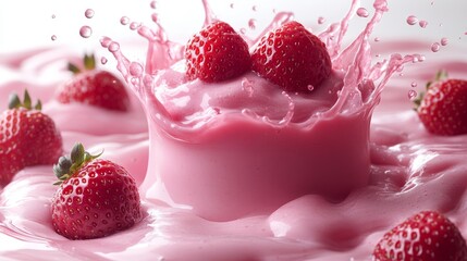 Vibrant 3D Render of a Milk and Yogurt Splash with Fresh Strawberries on a Pristine White Background
