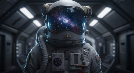 Fototapeta premium Astronaut Staring at Galaxy Reflection in Helmet Inside Space Station
