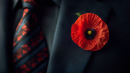 Red poppy flower lapel pin tag rememberance day celebration. Red coat soldier navy blue suit with tie and flower lapel pin tribute act boutonniere fashion design style 