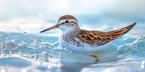 Obraz premium Bird wading in clear water during daylight, showcasing vibrant plumage and rippling reflections