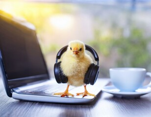 Little yellow chicken with headphones and a cup of coffee, sitting on a laptop, playful Easter or tech-related promotions.