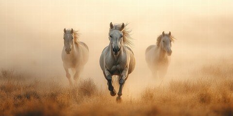Fototapeta premium Wild Spirit Run: Three Horses in Golden Field