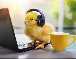 Little yellow chicken with headphones and a cup of coffee, sitting on a laptop, playful Easter or tech-related promotions.