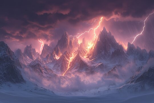Majestic mountain landscape illuminated by lightning during a dramatic storm at dusk
