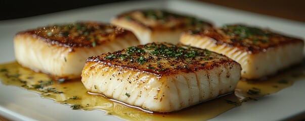Close-up of perfectly seared halibut fillets garnished with herbs on a plate
