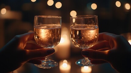 Celebratory moment with sparkling glasses illuminated by soft ca