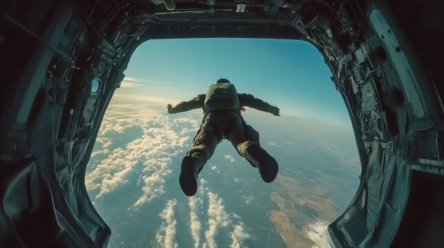 airplane as a skydiver jumps from a military aircraft.