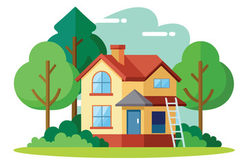 Naklejka premium of Two Story House with Trees and Ladder on White Background
