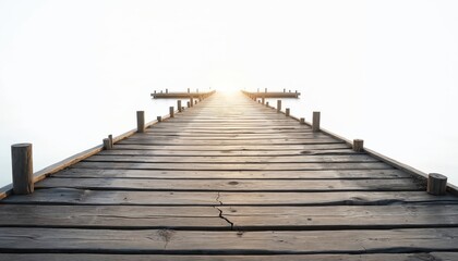 Fototapeta premium Wooden pier extends towards horizon, leads into the light. Morning sunrise, ocean water. Coastal landscape, tranquil vacation spot. Dock for boats, empty, serene, peaceful scene for travel.