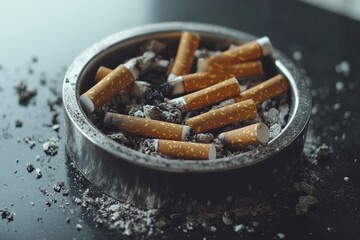 Cigarette butts collected in a metal ashtray on a dark surface after a long gathering or event
